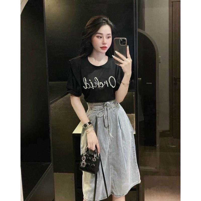 Chân váy bò jean xoè cạp chun cao thắt nơ siêu xinh mh ql ln
