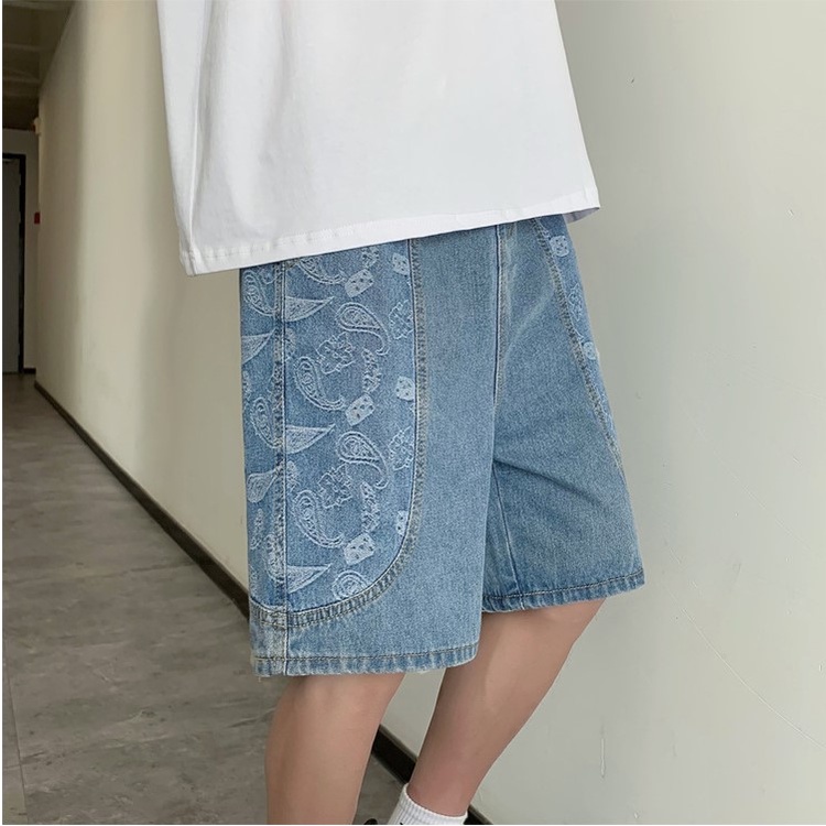 Quần đùi jean nam ống rộng lưng chun màu xanh họa tiết hoa văn 01 Pon.mens