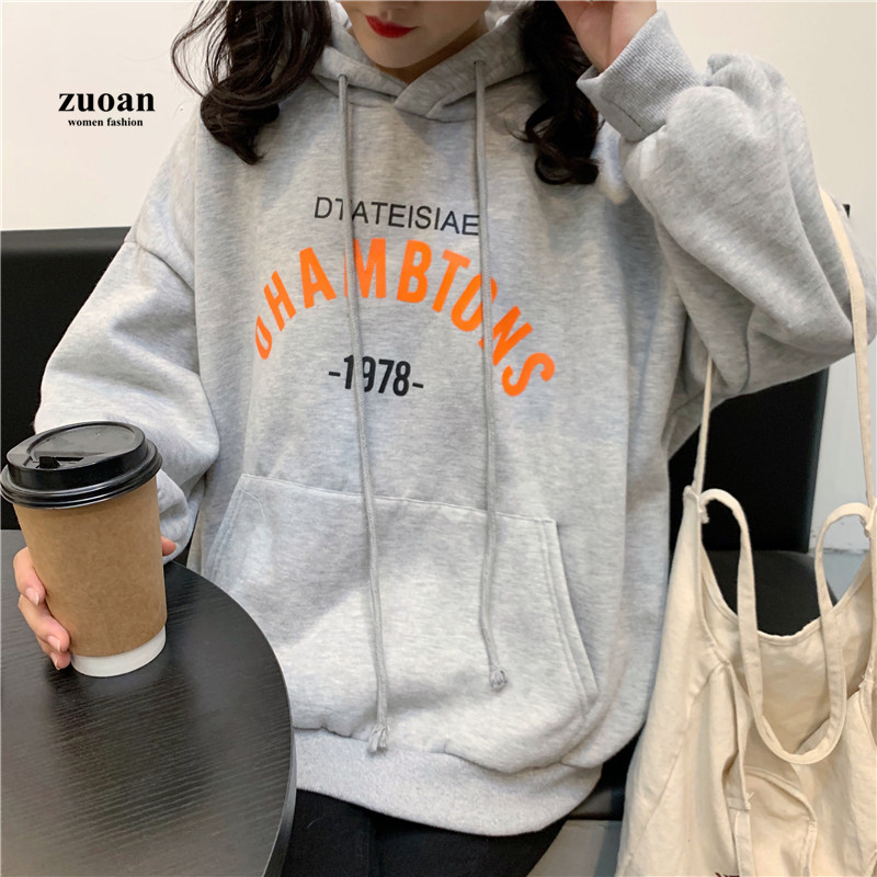 SUXI Áo Hoodie Nữ Tay Dài Dáng Rộng In Chữ Phong Cách Hàn Quốc