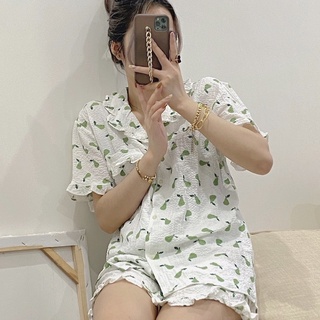 Bộ ngủ pyjama cộc tay cổ viền bèo chất xốp đũi