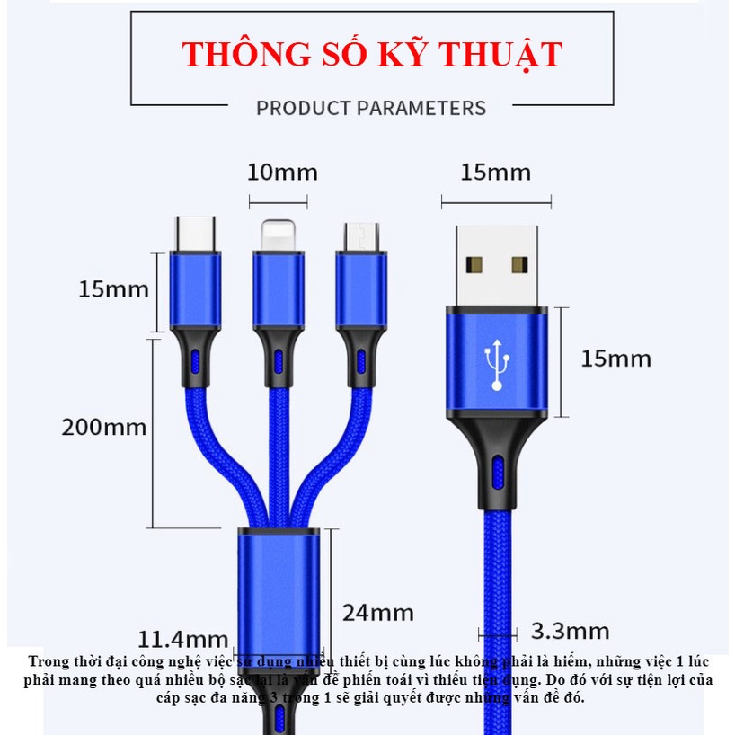 Dây cáp sạc nhanh 2.4A S P 3 trong 1 dây dủ cho điện thoại samsung, xiaomi không nóng máy
