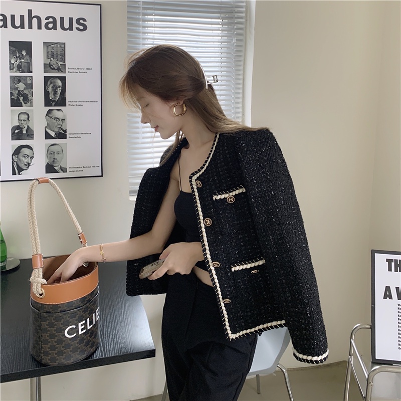 Áo khoác nữ dạ tweed ngắn màu đen