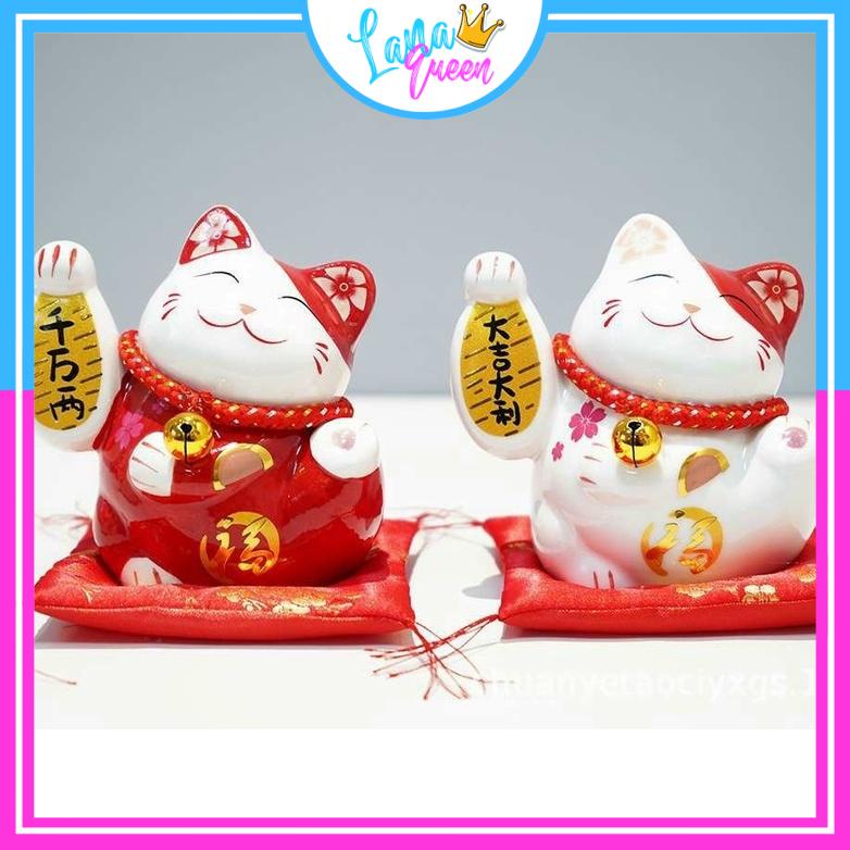 Mèo thần tài chiêu tài may mắn mini thu hút tài lộc trang trí bàn làm việc ô tô bằng gốm sứ - LANA QUEEN