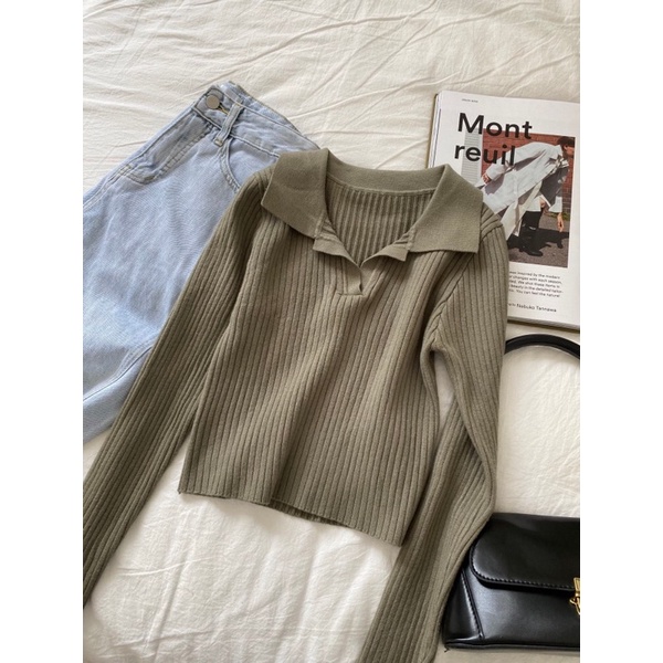 Croptop cổ bẻ len tăm nữ | BigBuy360 - bigbuy360.vn