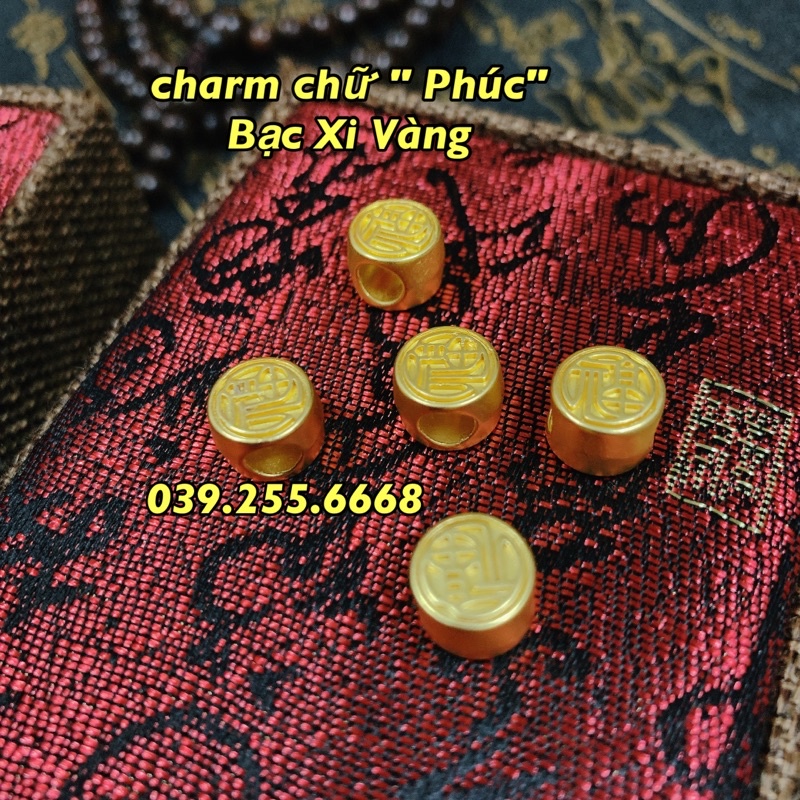 Vòng Tay Trầm Hương 108 Hạt mix Charm chữ &quot; Phúc&quot; Bạc xi Vàng cao cấp tặng kèm Hộp Gấm
