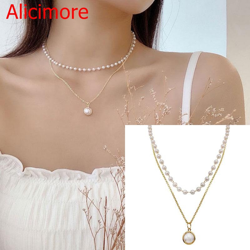 vòng cổ Hợp Kim Hai Lớp Đính Ngọc Trai Nhân Tạo Thời Trang