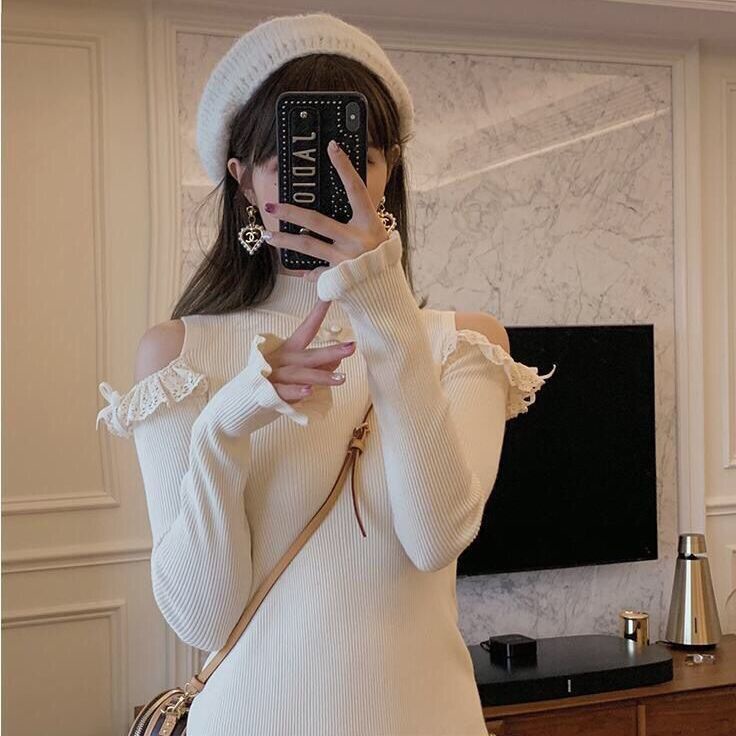 Ahoyeap Đầm sweater Dệt Kim Dáng Ôm Hở Vai Gợi Cảm Mùa Thu / Đông Mới Neowoman