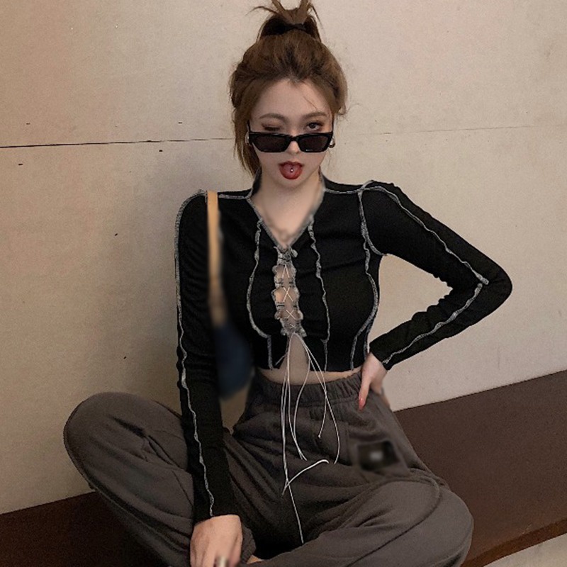 Áo Thun Nữ Tay Dài Cổ Chữ V Khoét Sâu Gợi Cảm