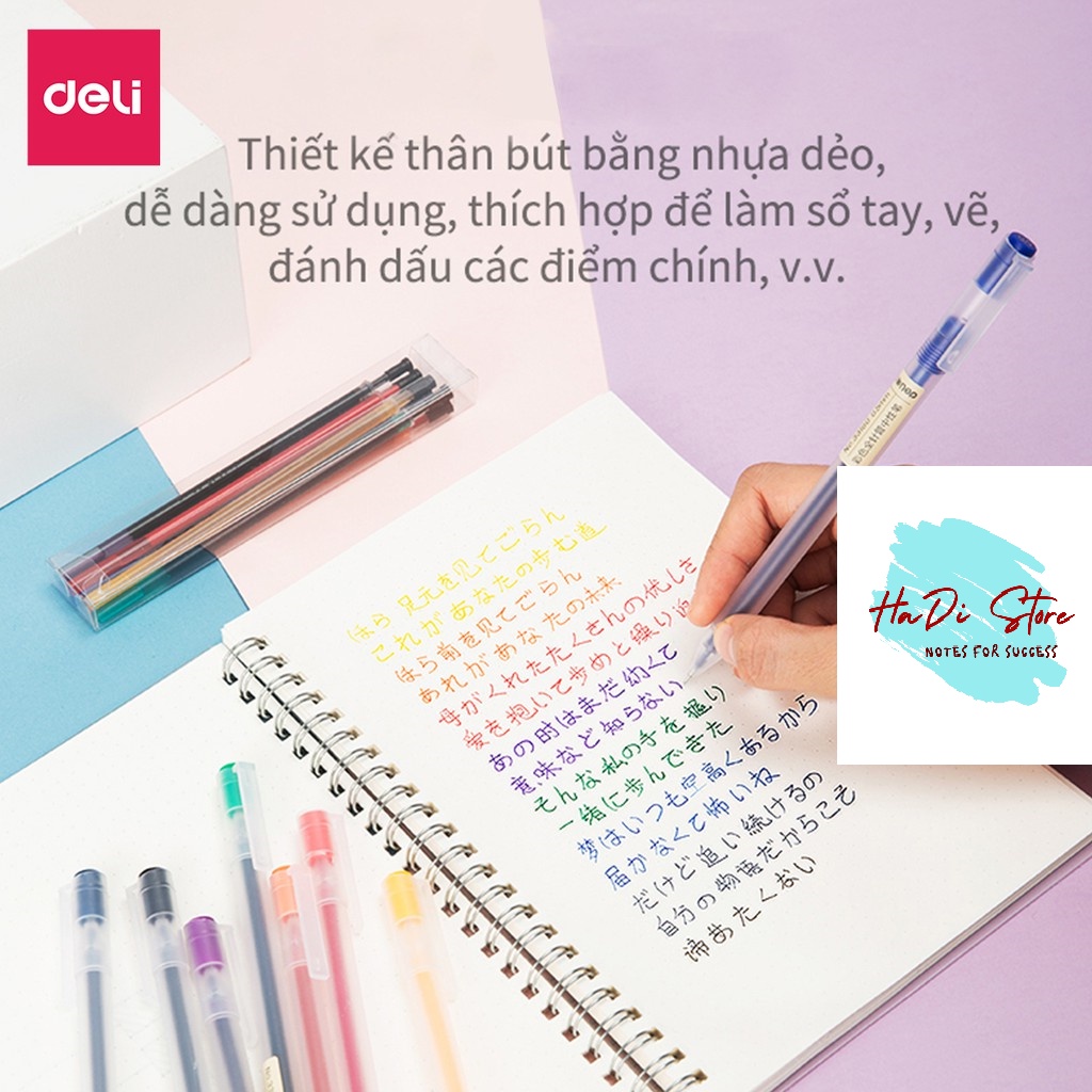 Bút mực gel 0.5mm nhiều màu DELI A119 viết calligraphy, trang trí sổ, nét chữ đẹp