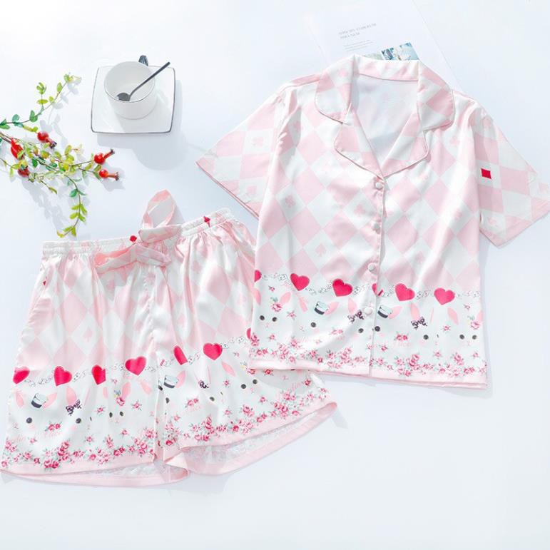 Bộ ngủ lụa pizama hoạ tiết lá bài hàng cao cấp