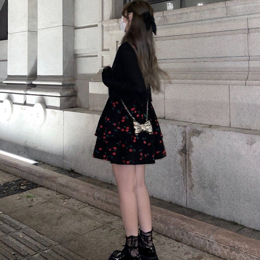 Set Đầm Hai Dây Họa Tiết Trái Cherry + Áo Khoác Cardigan Mỏng Chống Nắng Dành Cho Nữ