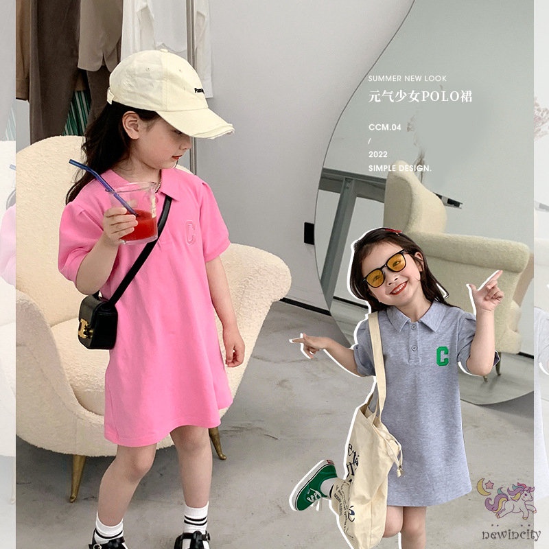 Đầm Tay Ngắn Cổ Bẻ Thêu Chữ Đáng Yêu Thời Trang Phong Cách Hàn Quốc Cho Bé Gái