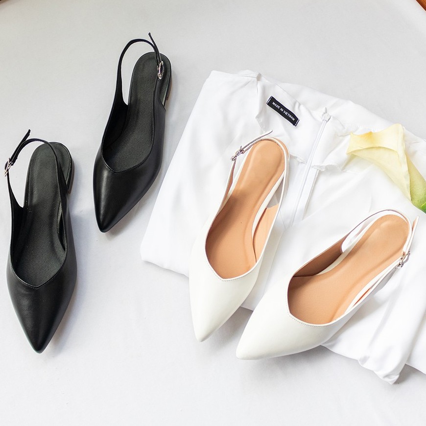 Giày nữ đế thấp thời trang Byanca mũi nhọn phối màu tinh tế, gót hở cao 2cm màu trắng _ EL001