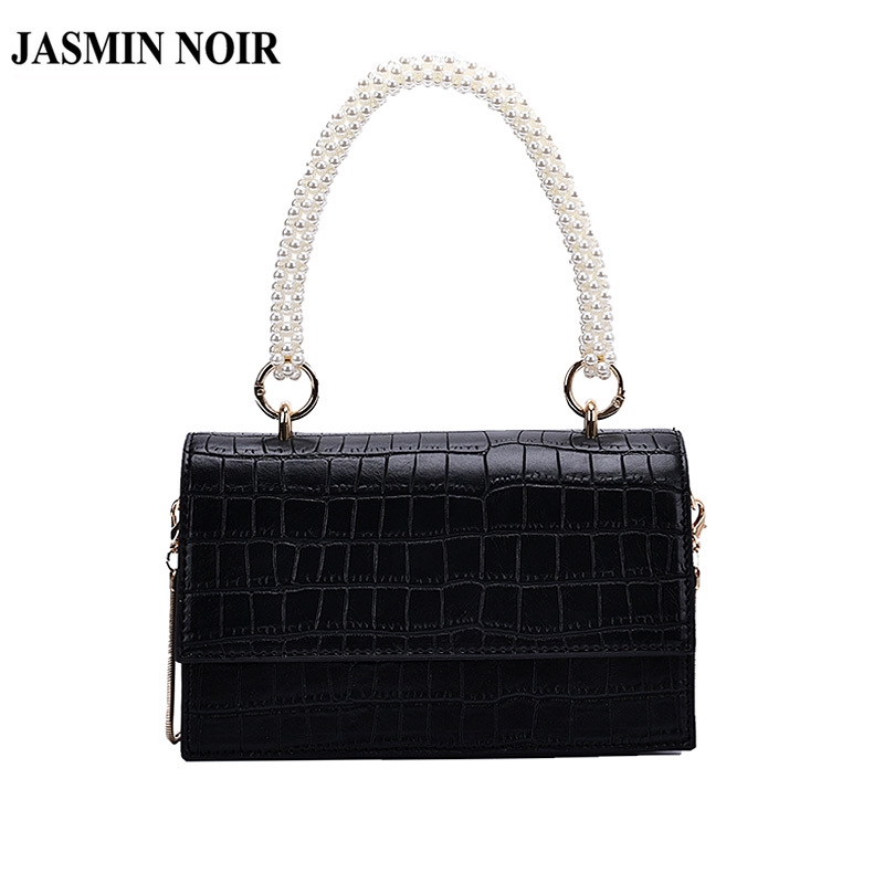 Túi xách đeo vai JASMIN NOIR bằng da Pu với tay cầm phối ngọc trai thời trang sang trọng cho nữ