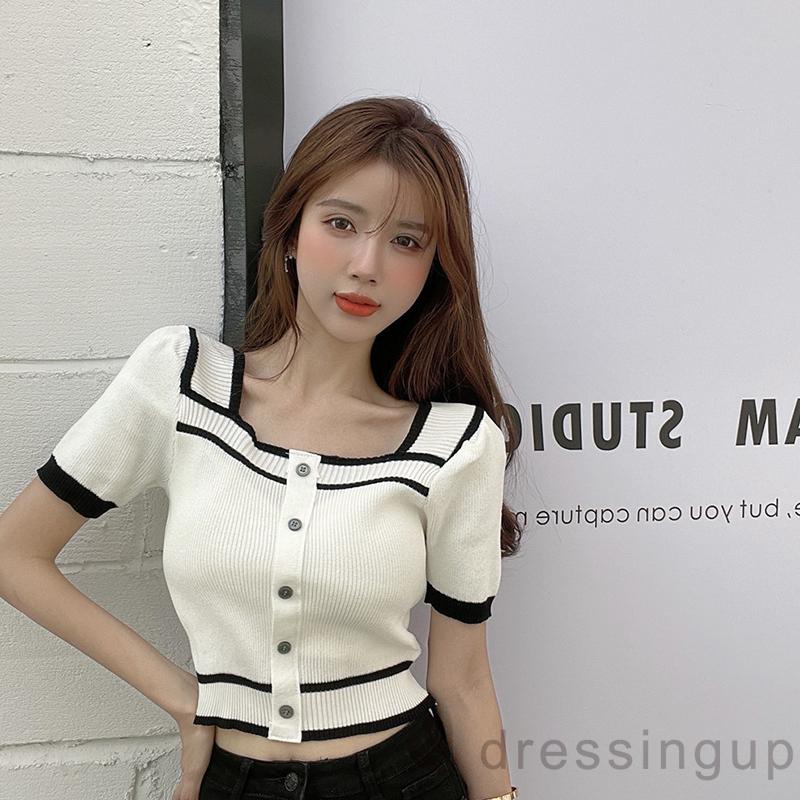 Áo Thun Ngắn Tay Cổ Vuông Hở Lưng Phối Nút Màu Sắc Tương Phản Cho Nữ