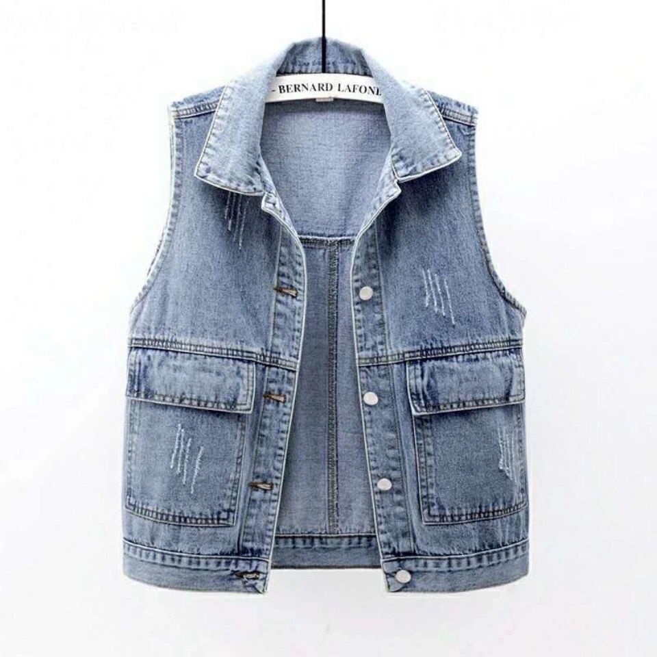 Denim vest Women's short style 2022 Spring and Summer New simple large pocket sleeveless vest all-purpose cardigan