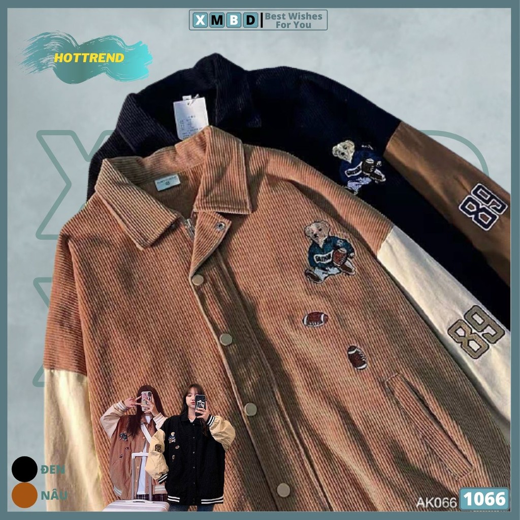Áo Khoác Nữ KaKi Nhung Tâm Hàng QC Thêu Gấu Nút Bấm Bomber Jackets Dù Lót Trong THÊU GẤU