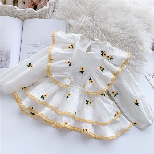 Bé gái 1-6 tuổi áo sơ mi dài tay cotton tinh khiết váy ren thêu áo sơ mi bé gái