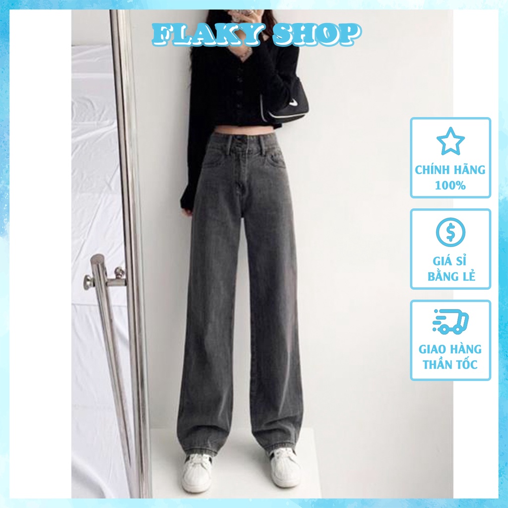 Quần jean nữ FLAKY SHOP cao cấp - Quần jean ống rộng cạp cao phối hai cúc siêu bắt mắt thời trang