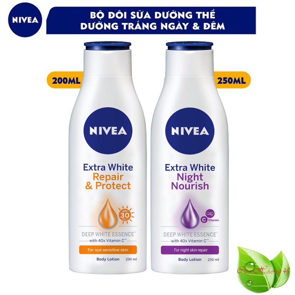 NIvea: Bộ dưỡng thể trắng da Nivea Chai ban ngày 200ml và chai ban đêm 250ml