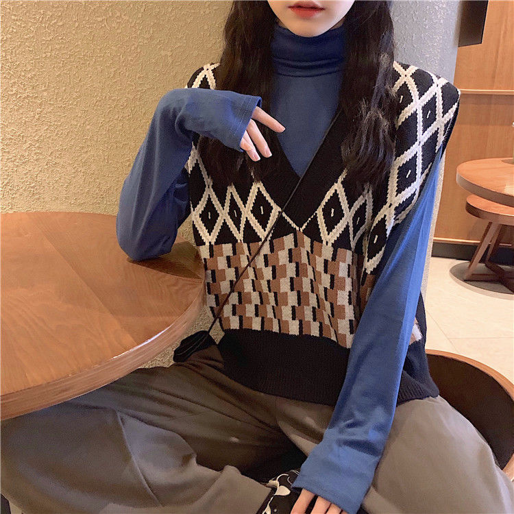 Áo gile vải len không tay màu sắc tương phản phong cách retro | BigBuy360 - bigbuy360.vn