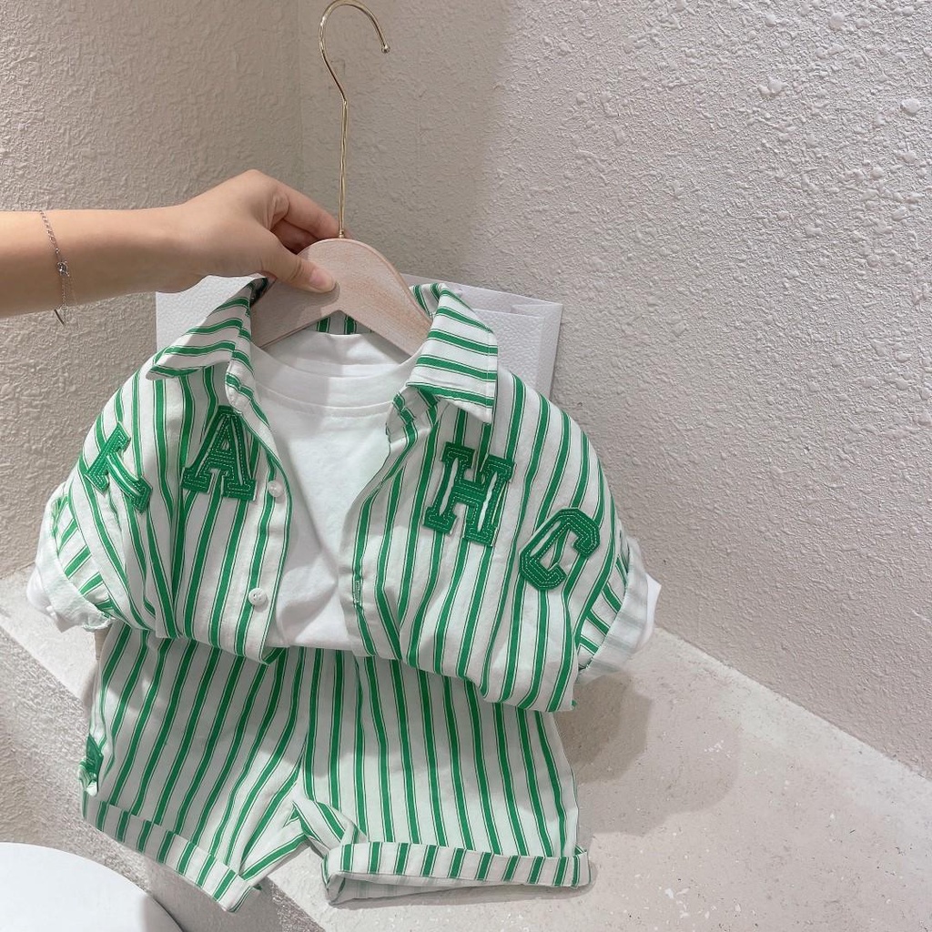 Bộ Áo Sơ Mi Kẻ Sọc Ngắn Tay + Quần Short Phong Cách Đường Phố Thời Trang Mùa Hè Cho Bé Trai 0414