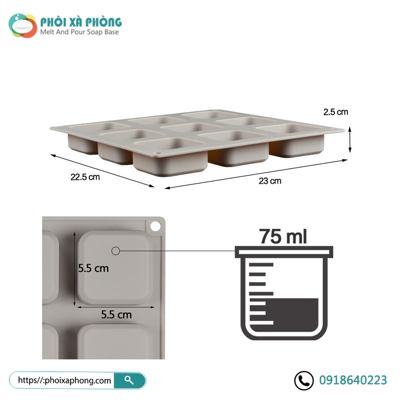 Khuôn Silicon Xám Hình 9 Ô Vuông Làm Xà Phòng