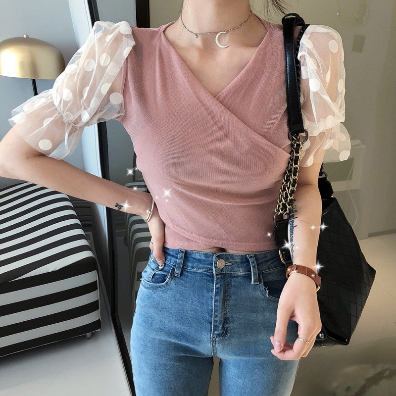 Women Sexy Sling Strapless V Collar Mesh Stitching Short Sleeve Blouse | BigBuy360 - bigbuy360.vn