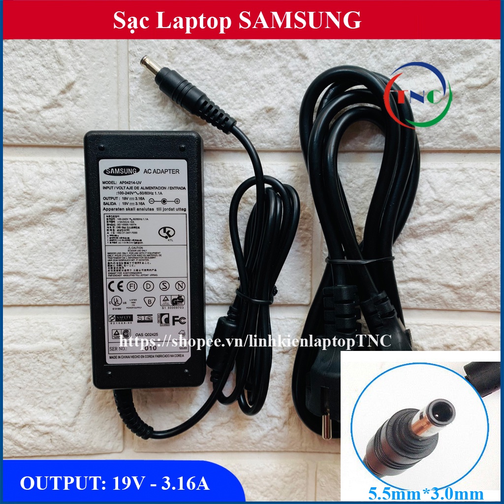 Sạc Laptop Samsung 19V – 3.16A tặng kèm dây nguồn