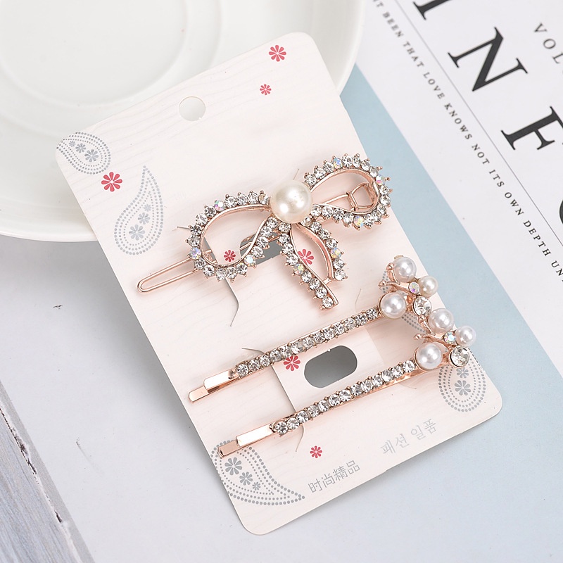 (Set 3 chiếc) Bộ Kẹp Tóc Hàn Quốc với Nơ Kim Cương và Kẹp Tóc ngọc trai đính đá cho bé gái - Phụ kiện trang sức
