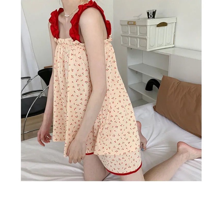 [Spot] red mesh print / explosive suit / cherry / sling / top / shorts / loose pajamas / women