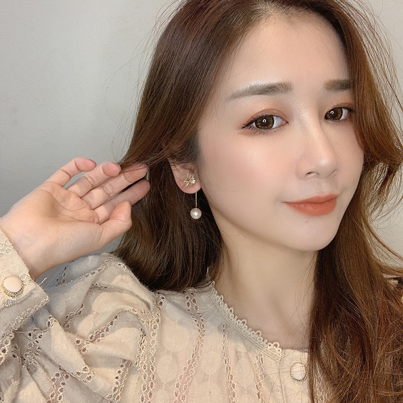 Bông Tai Hình Nơ Đính Ngọc Trai Lấp Lánh Phong Cách Hàn Quốc