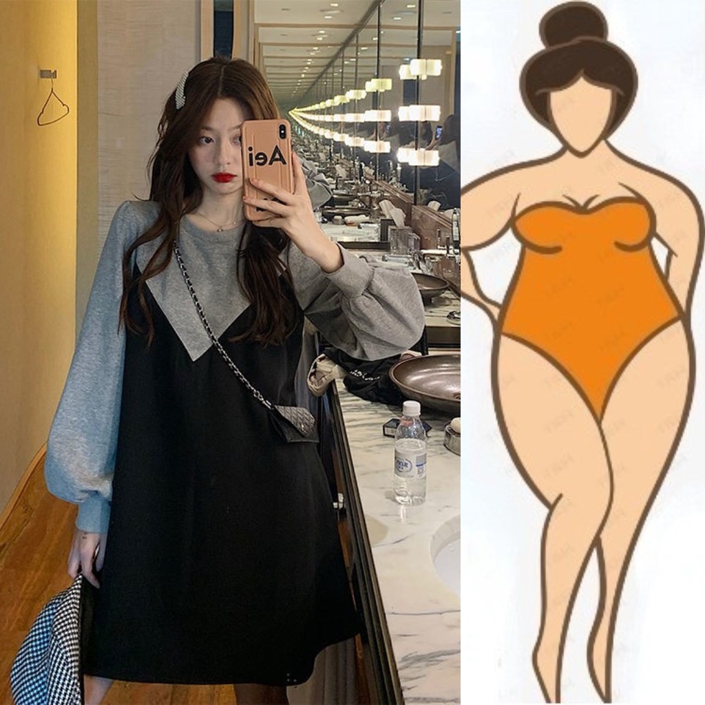 【Plus Size】(40-150kg) Đầm Midi Mỏng Tay Dài Màu Sắc Tương Phản Che Bụng Cho Nữ