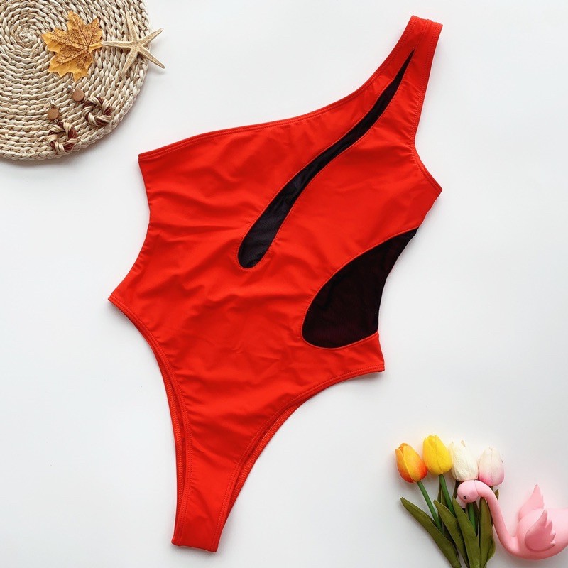 [BKN1133] &lt;ÂU&gt; BODYSUIT ĐỎ LỆCH VAI MIX LƯỚI ĐEN (KHÔNG MÚT)