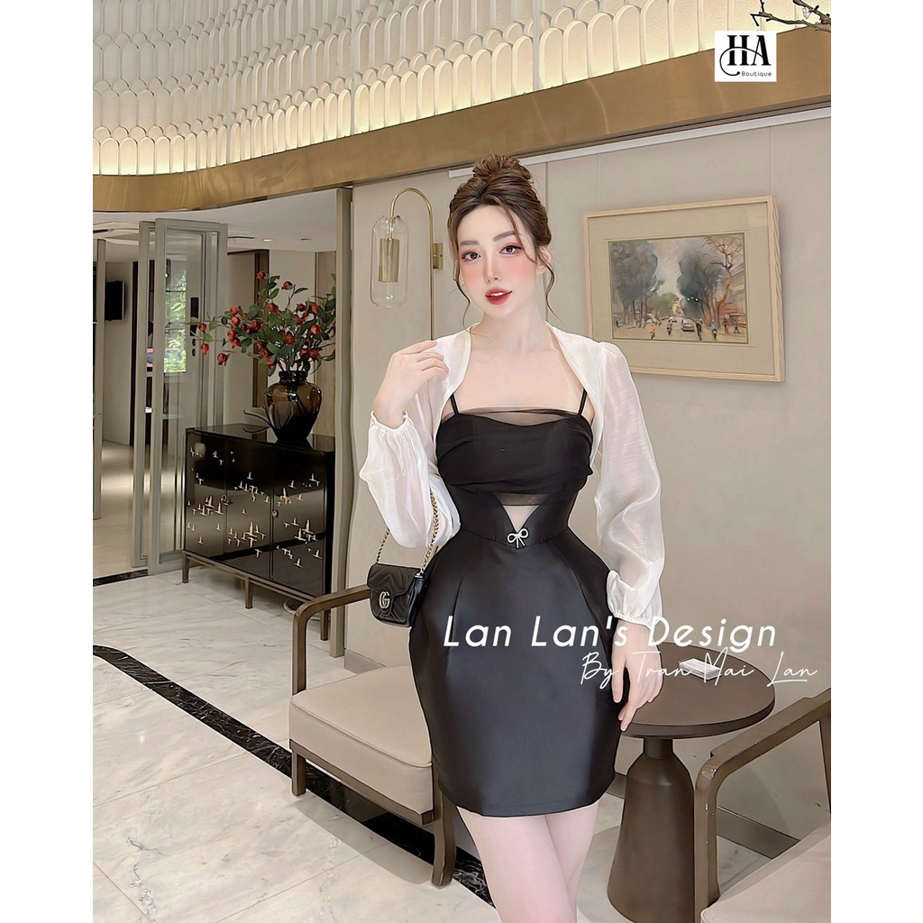 Đầm body 2 dây dự tiệc đen có áo khoác ngoài tơ mỏng