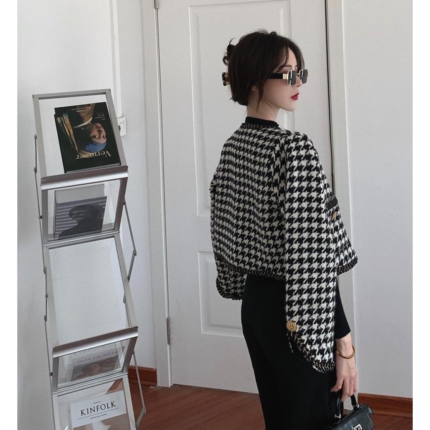 Áo dạ Tweed , Áo cardigan dạ kẻ CARO dáng ngắn tiểu thư
