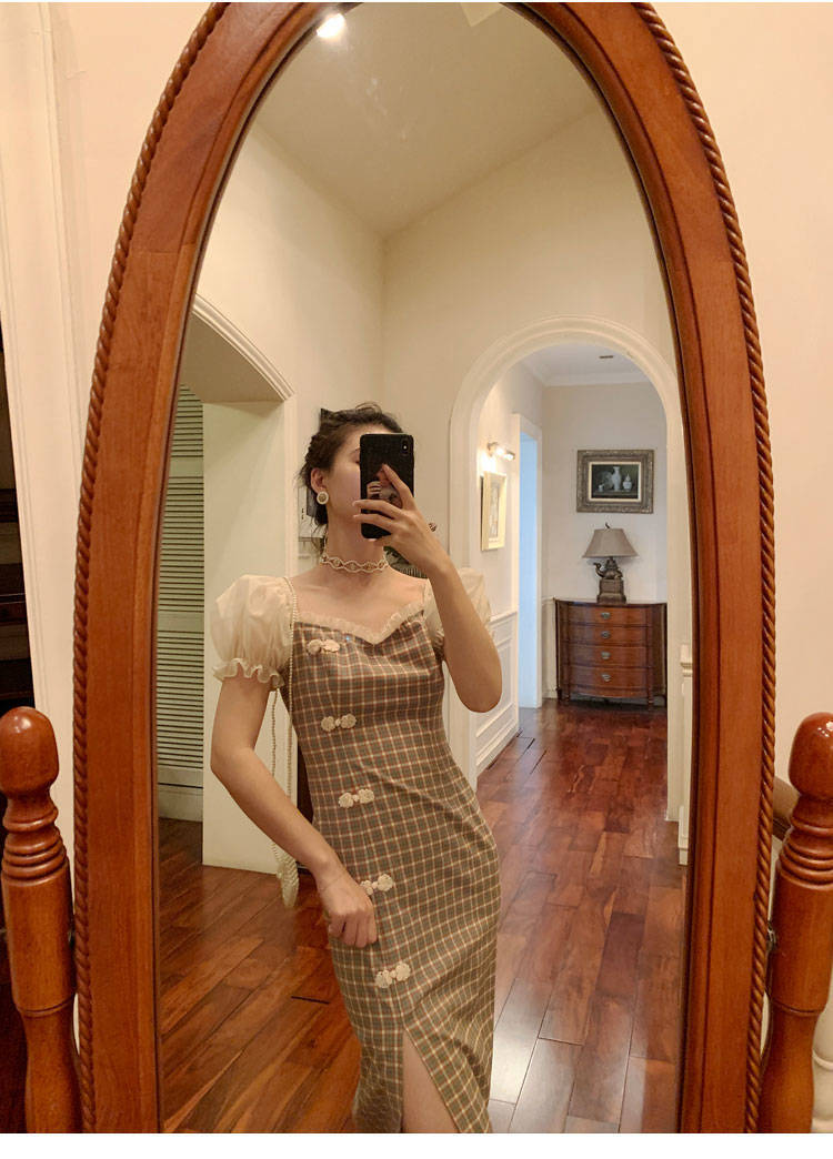 New Snapping up&Retro Slit Skirt Summer New Improved National Style Plaid Cheongsam Tight Waist Straight Mid-Length Dress | BigBuy360 - bigbuy360.vn