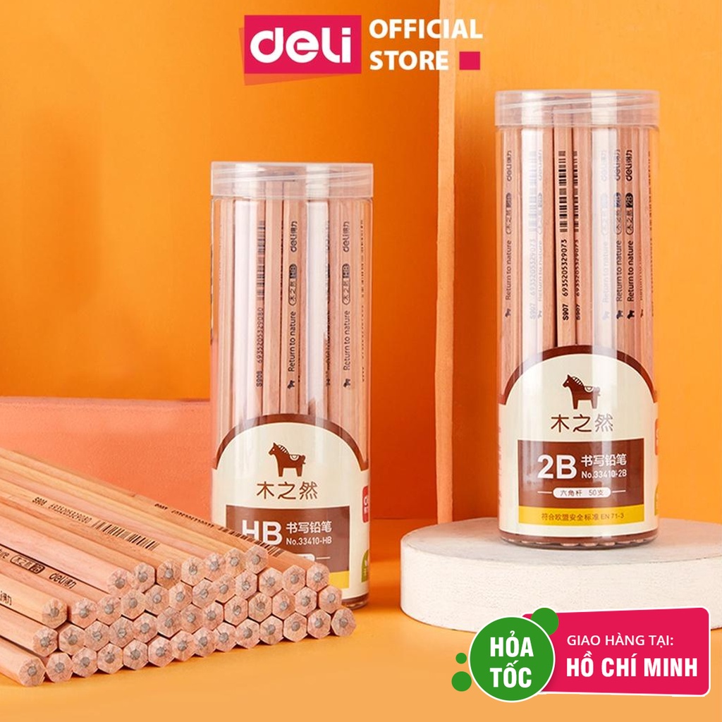 Bút chì lục giác Deli 2B/HB - Hộp 50c Than mềm, chất liệu gỗ cao cấp, thích hợp cho học sinh và văn phòng - 33410/33413