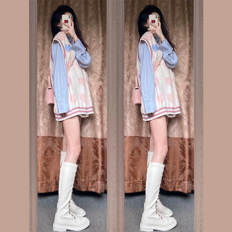 Set Áo Sơ Mi Dài Tay Và Áo Khoác Len Không Tay Thời Trang Dành Cho Nữ