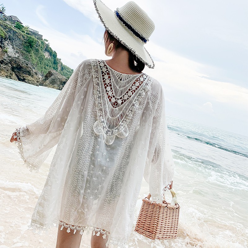 (Ảnh thật ở sau) Áo khoác kimono đi biển ren đắp hoa mỏng