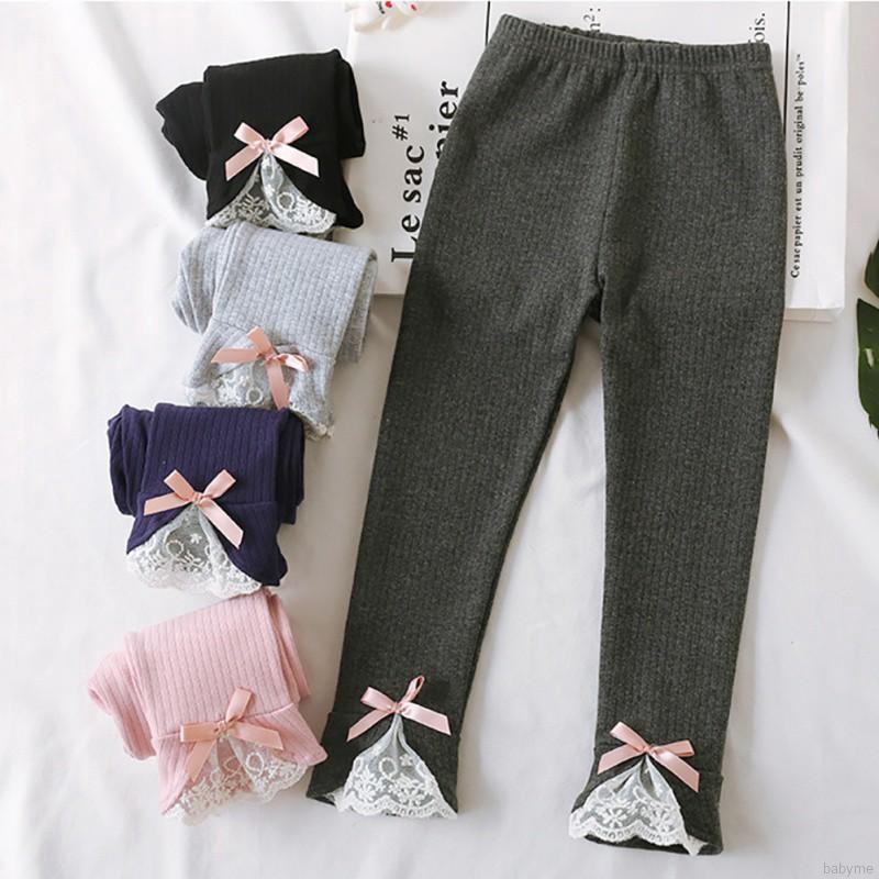 Babyme Children Kids Autumn Cartoon Lace Bow Thick Warm Casual Casual Sweet Slim Girls Pants