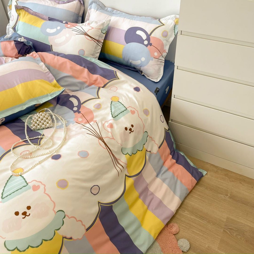 Bộ chăn ga gối cotton poly Lidaco decor phòng ngủ vintage - Thỏ Cầu Vồng (SP001432)