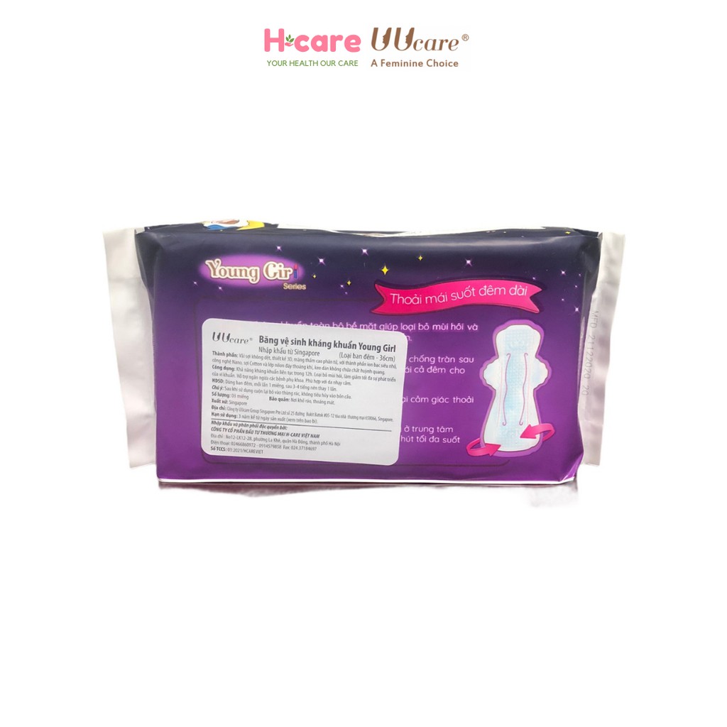 Băng vệ sinh Kháng Khuẩn UUcare YoungGirl 36cm ban đêm 3 miếng/gói