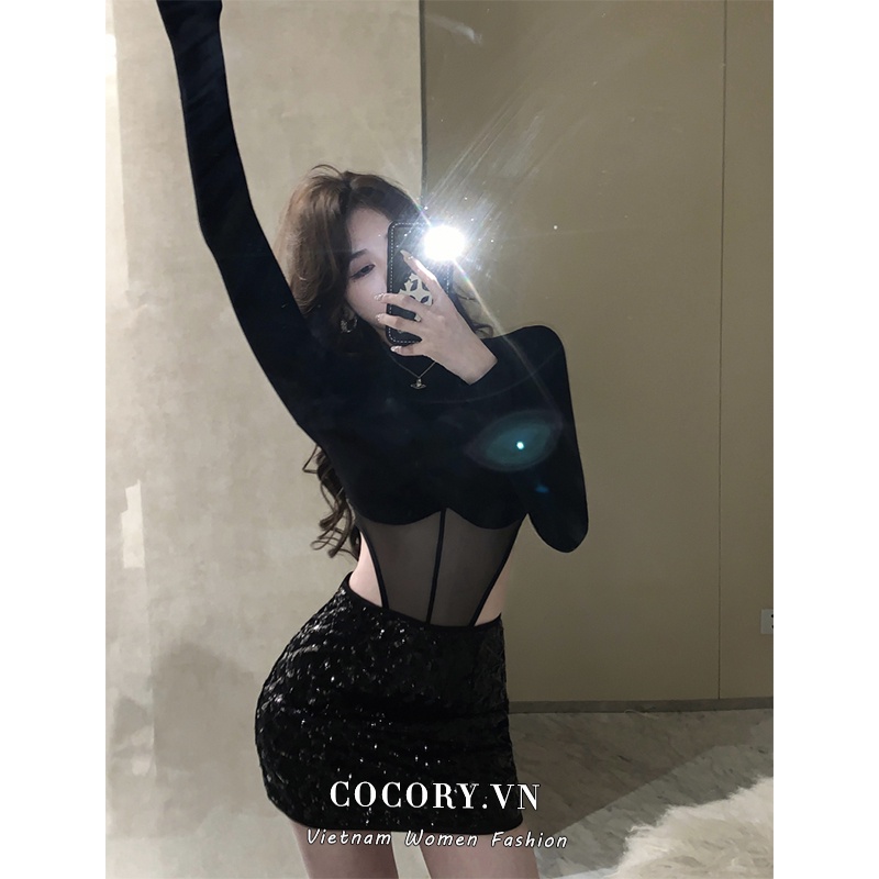 Cocory vn Trang phục áo thun tay dài và chân váy chữ A đính sequin sành điệu cho nữ