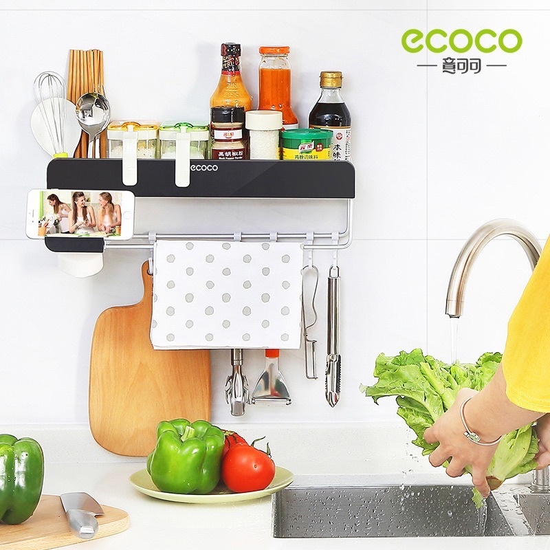 Kệ gia vị nhà bếp thông minh ECOCO | Kệ để đồ đa năng kèm móc, thanh treo khăn 1712