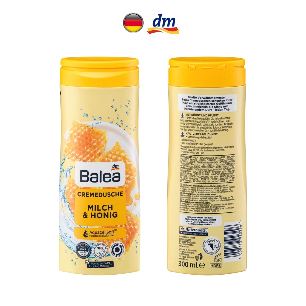 Sữa tắm BALEA dưỡng ẩm cho mọi loại da hương thơm sữa và mật ong, Cremedusche Milch & Honig 300ml - hàng nhập khẩu Đức