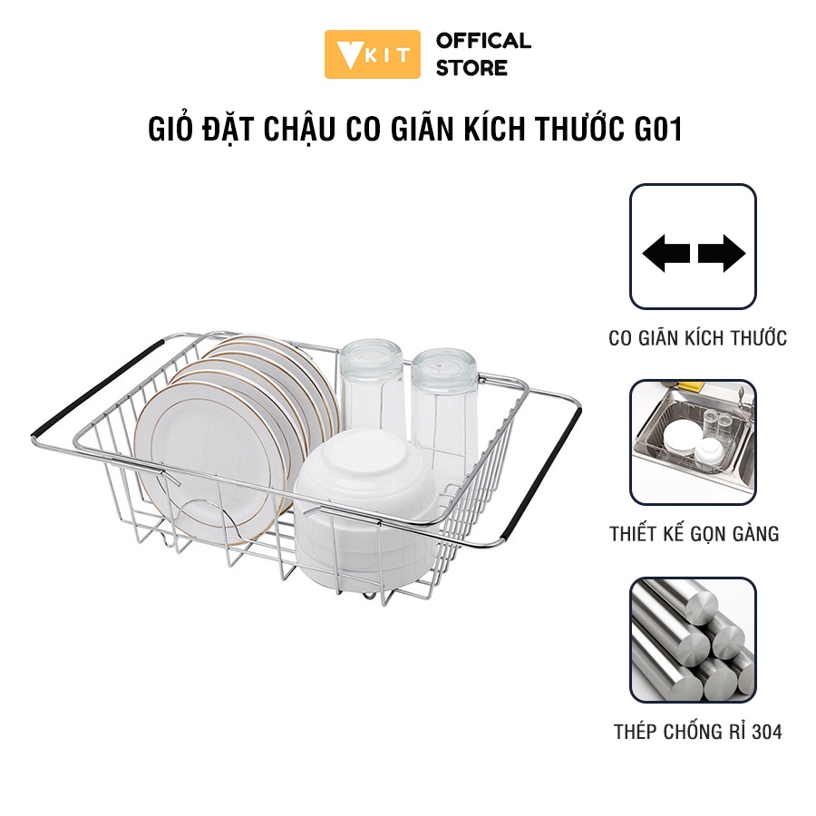 Giỏ rút inox đặt chậu rửa (có thể co giãn kích thước) Vkit G01