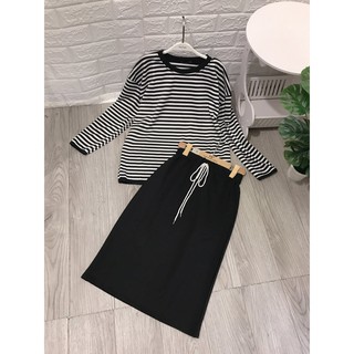 SET ÁO KẺ KÈM CHÂN VÁY BASIC - (Sp sẵn)