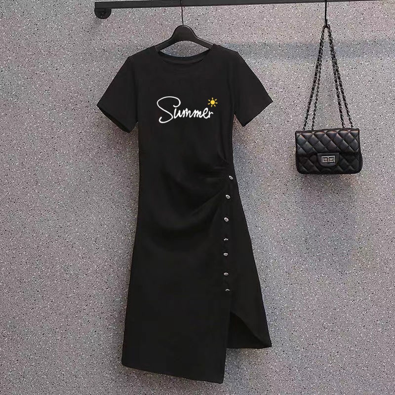 Đầm Thun Cotton Tay Ngắn Dáng Rộng Thiết Kế Xẻ Tà Thời Trang Mùa Hè Cho Nữ