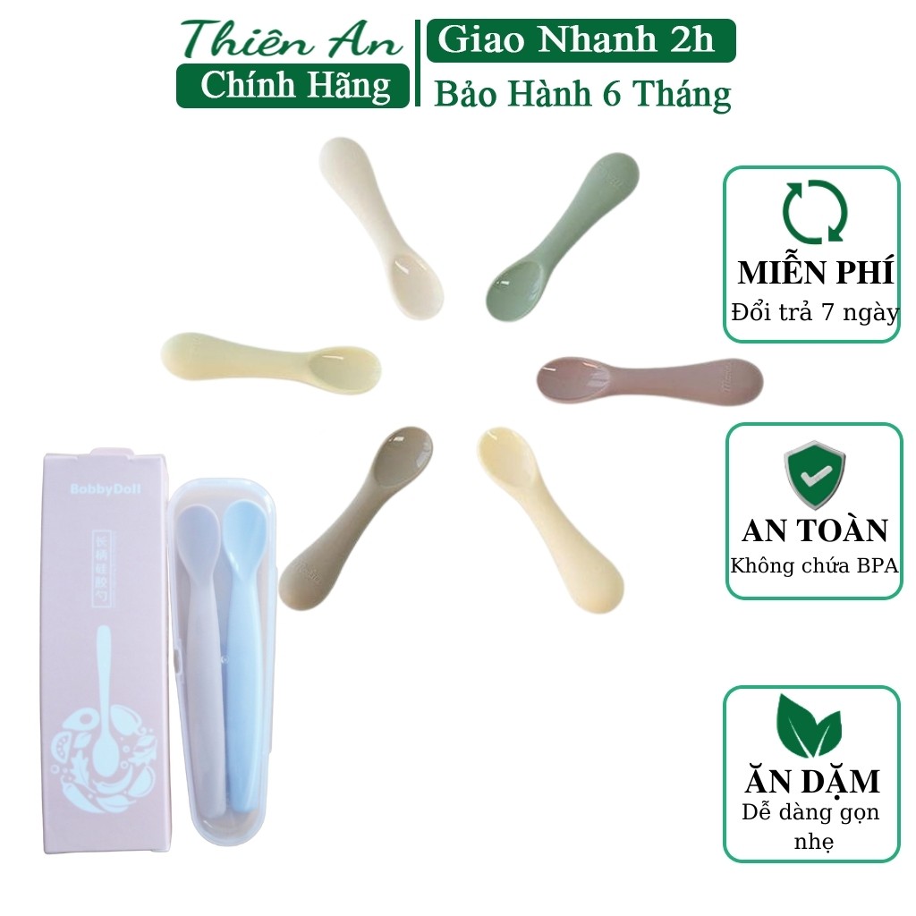 Thìa ăn dặm Amo Baby, muỗng ăn dặm silicon cho bé { Set 2 có hộp/ Có tách set}